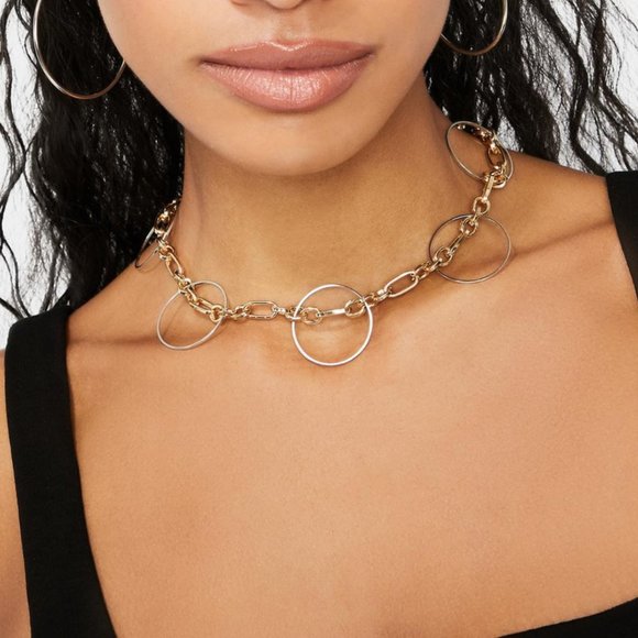 Dolls Kill Chain Loop Gold Silver Choker Necklace - Picture 2 of 2